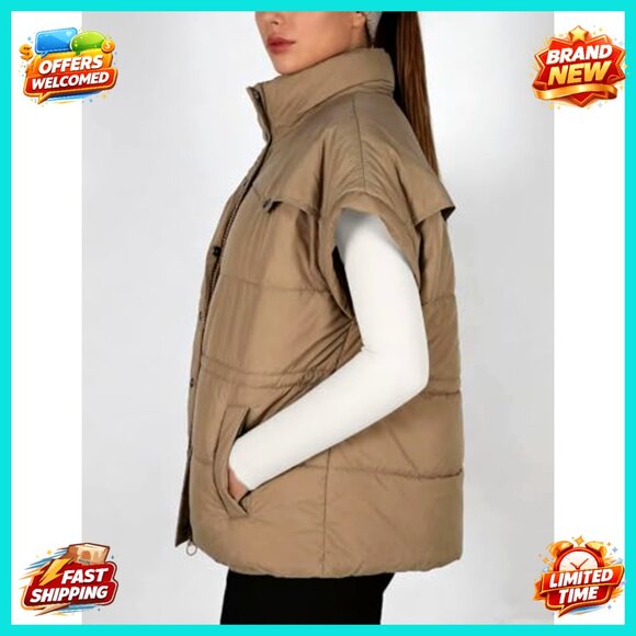 Quilted Puffer Vest Stand Collar Cap Sleeve Boxy Fit Adjustable Waist Pockets - Picture 3 of 4